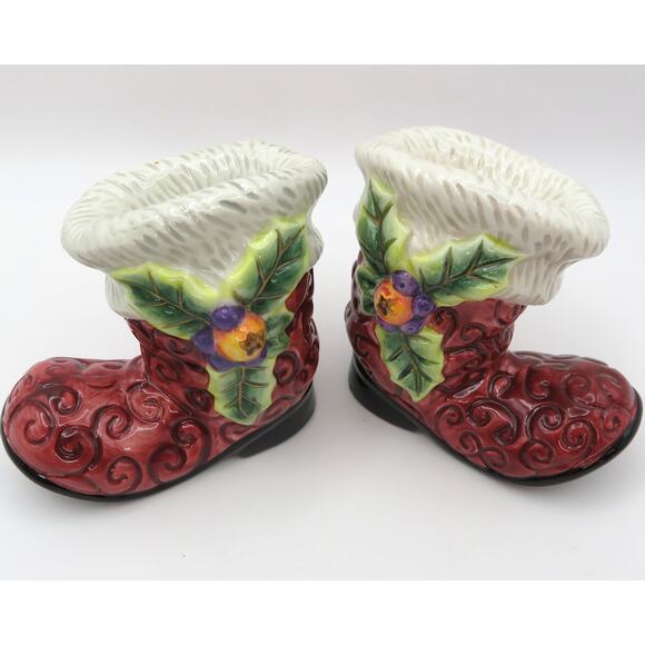 Vintage Fitz and Floyd Ceramic Red Christmas Santa Boot Salt & Pepper Shakers - Picture 2 of 12